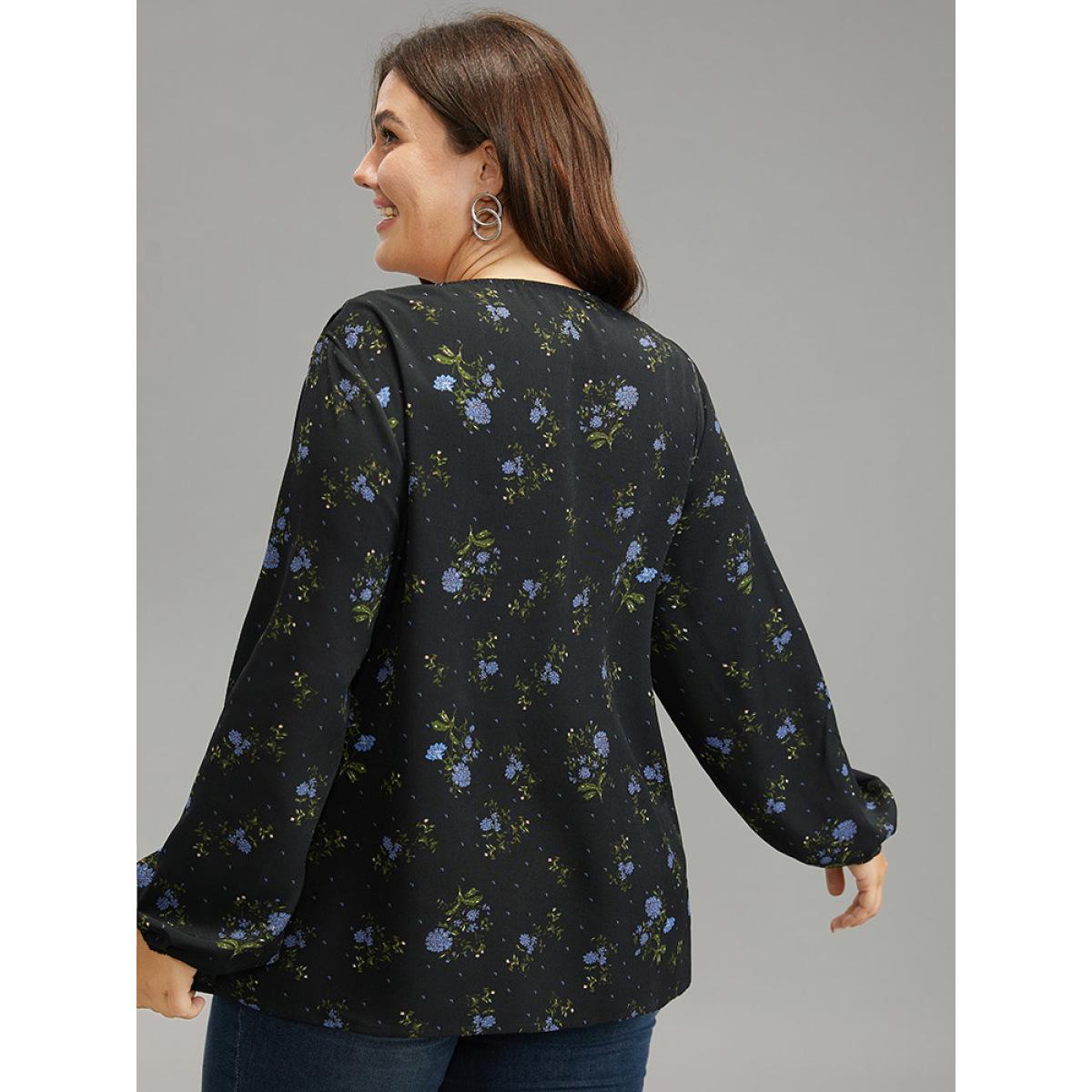 Plus Size Black Ditsy Floral Lantern Sleeve Frill Trim Blouse Women Elegant Long Sleeve V-neck Dailywear Blouses BloomChic 26/4X Product Image