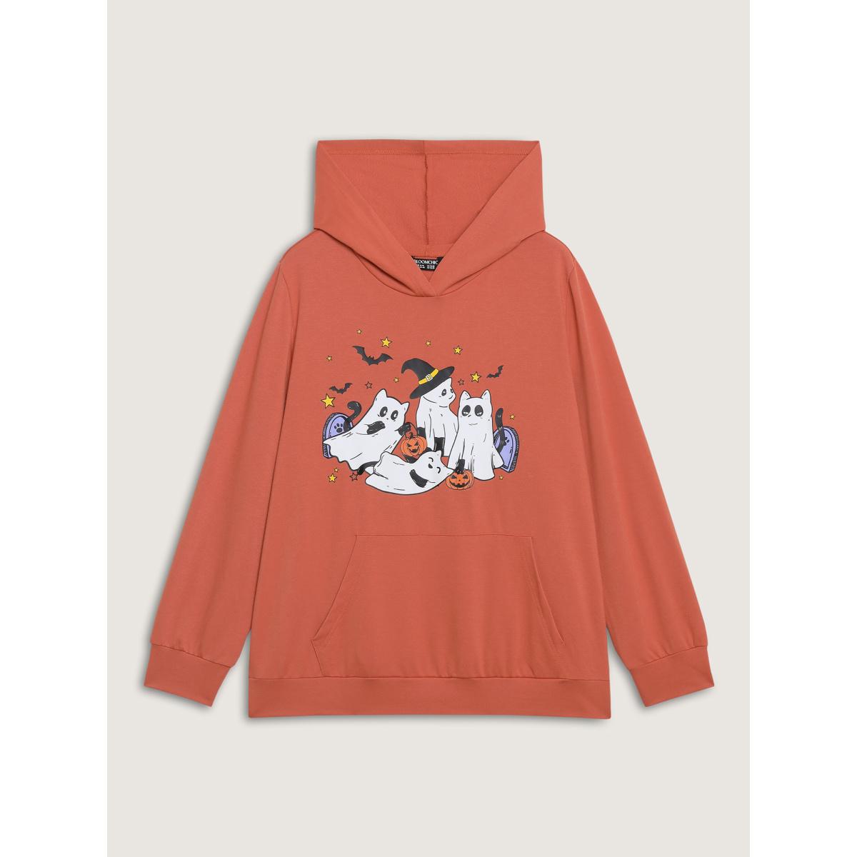 Plus Size Halloween Ghost Print Solid Hoodie Women Brightorange Playful Non Hooded Casual Sweatshirts BloomChic 22-24/3X Product Image