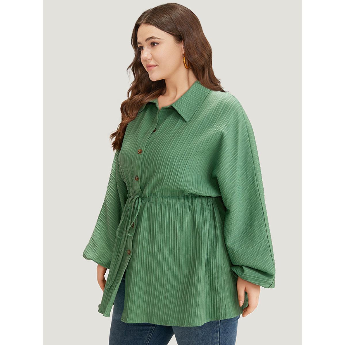 Plus Size Plain Shirt Collar Drawstring Button Through Lantern Sleeve Coat Women Emerald Casual Elastic cuffs Ladies Dailywear Winter Coats BloomChic 28/5X Product Image