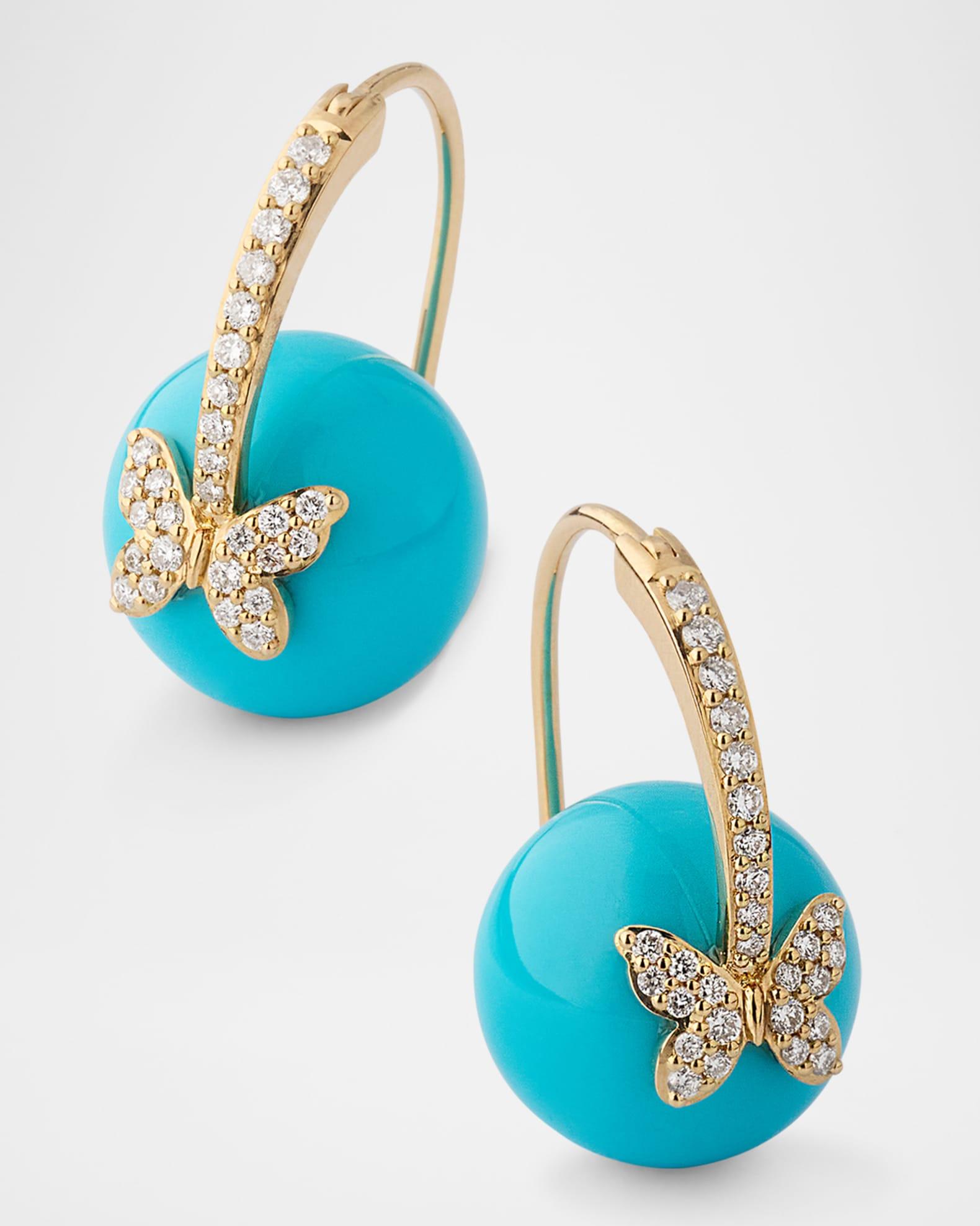 14K Yellow Gold Diamond Pave Butterfly Turquoise Bead Earrings, 12mm Product Image