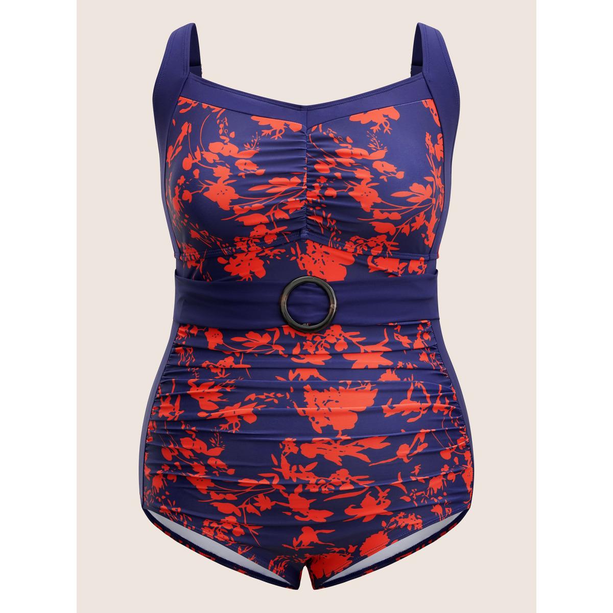 Plus Size Silhouette Floral Ruched Buckle Detail One Piece Swimsuit Women's Swimwear DarkBlue Beach Non Curve Bathing Suits High stretch One Pieces BloomChic 14-16/1X Product Image