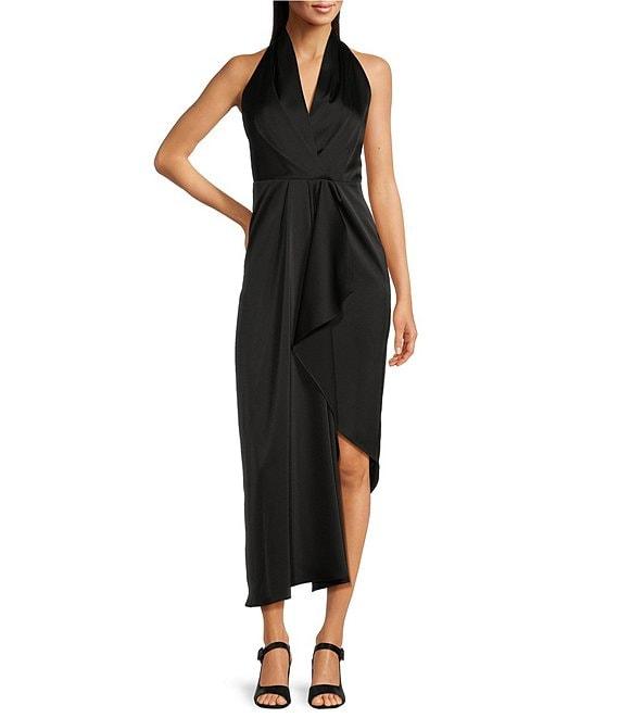 Alex Marie Hazel Surplice V-Neck Sleeveless Satin Asymmetrical Hem Midi Dress Product Image