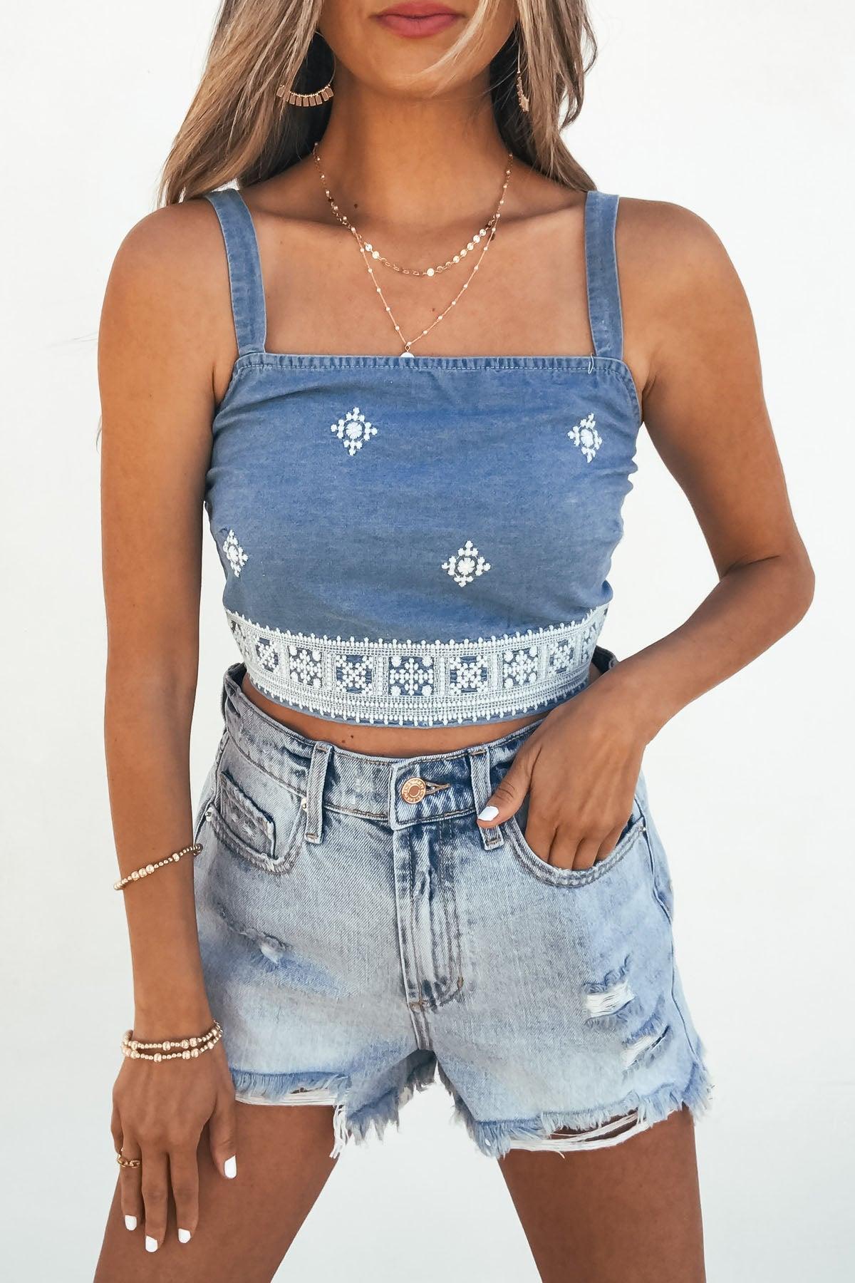 Chambray Diamond Shape Eyelet Smocked Tank Top - DOORBUSTER Product Image