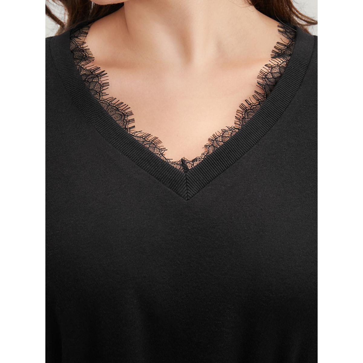 Plus Size Solid V Neck Lace Trim Drop Shoulder Sweatshirt Women Black Elegant Lace V-neck Dailywear Sweatshirts BloomChic 30/6X Product Image