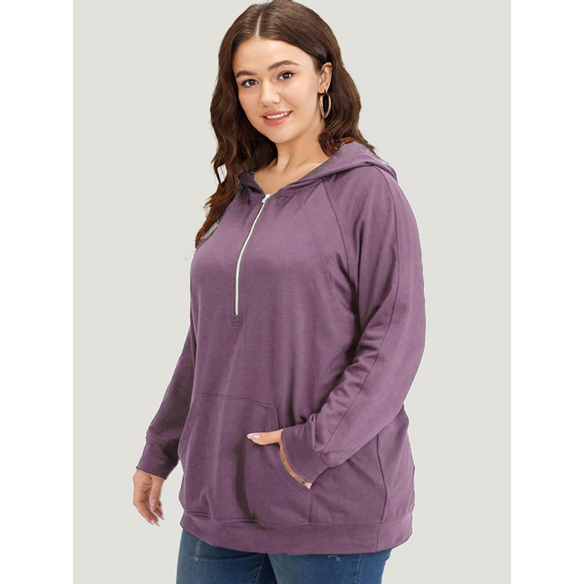 Plus Size Solid Half Zip Hooded Pocket Raglan Sleeve Sweatshirt Women Mauve Casual Elastic cuffs Hooded Dailywear Sweatshirts BloomChic 12/L Product Image