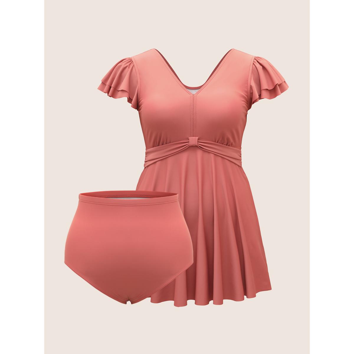 Plus Size Solid Gathered Tiered Ruffle Sleeve Swim Dress Women's Swimwear Rust Beach Bodycon V-neck High stretch Curve Swim Dresses BloomChic 14-16/1X Product Image