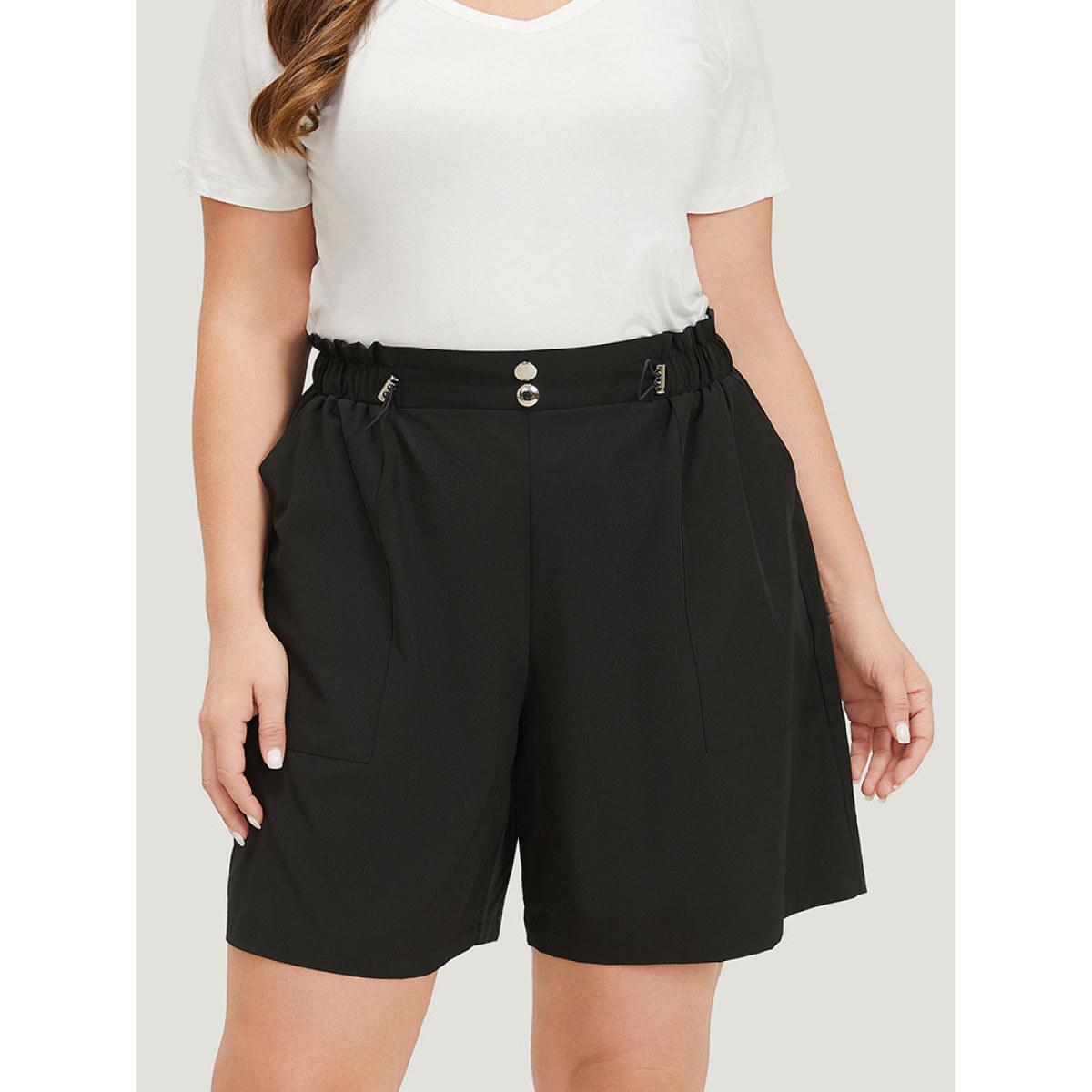 Plus Size Plain Button Detail Drawstring Slant Pocket Shorts Women Black Casual Drawstring Dailywear Shorts BloomChic 10/M Product Image