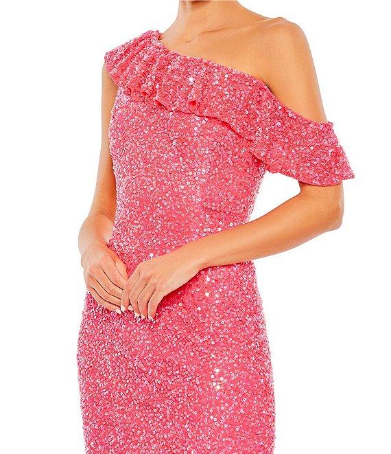Mac Duggal Sequin Asymmetrical Ruffle Neck Short Sleeve Gown Product Image