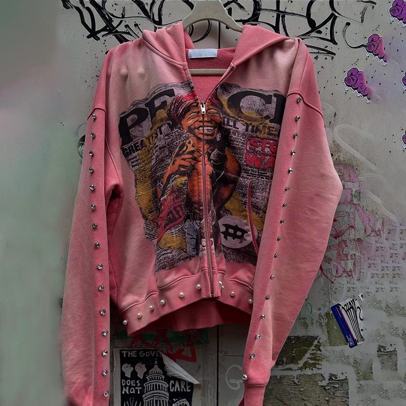 Three-Dimensional Rhinestones Zipper Loose Hoodie Sweatshirt Product Image