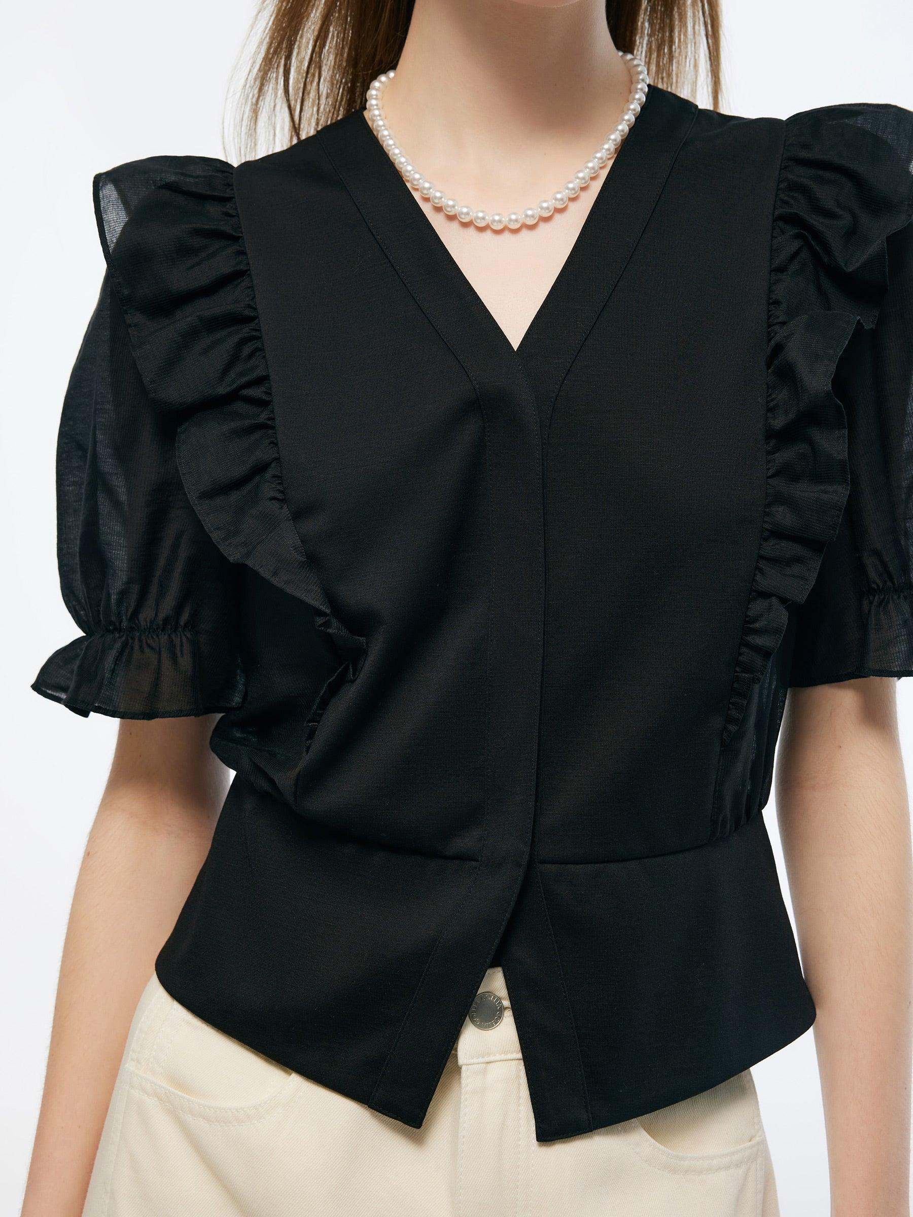 Tencel Blend Puff Sleeve Women Ruffe Patchwork Top Product Image
