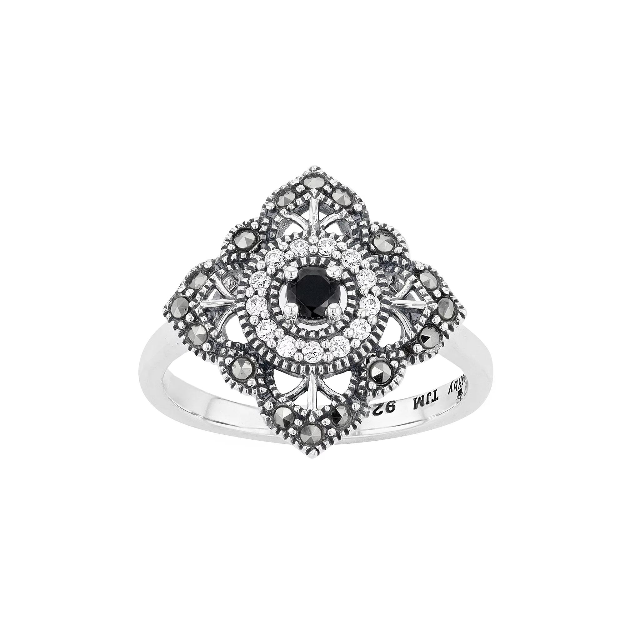 Lavish by TJM Sterling Silver Black Spinel & Marcasite & White Cubic Zirconia Accent Filigree Ring, Women's, Size: 7 Product Image