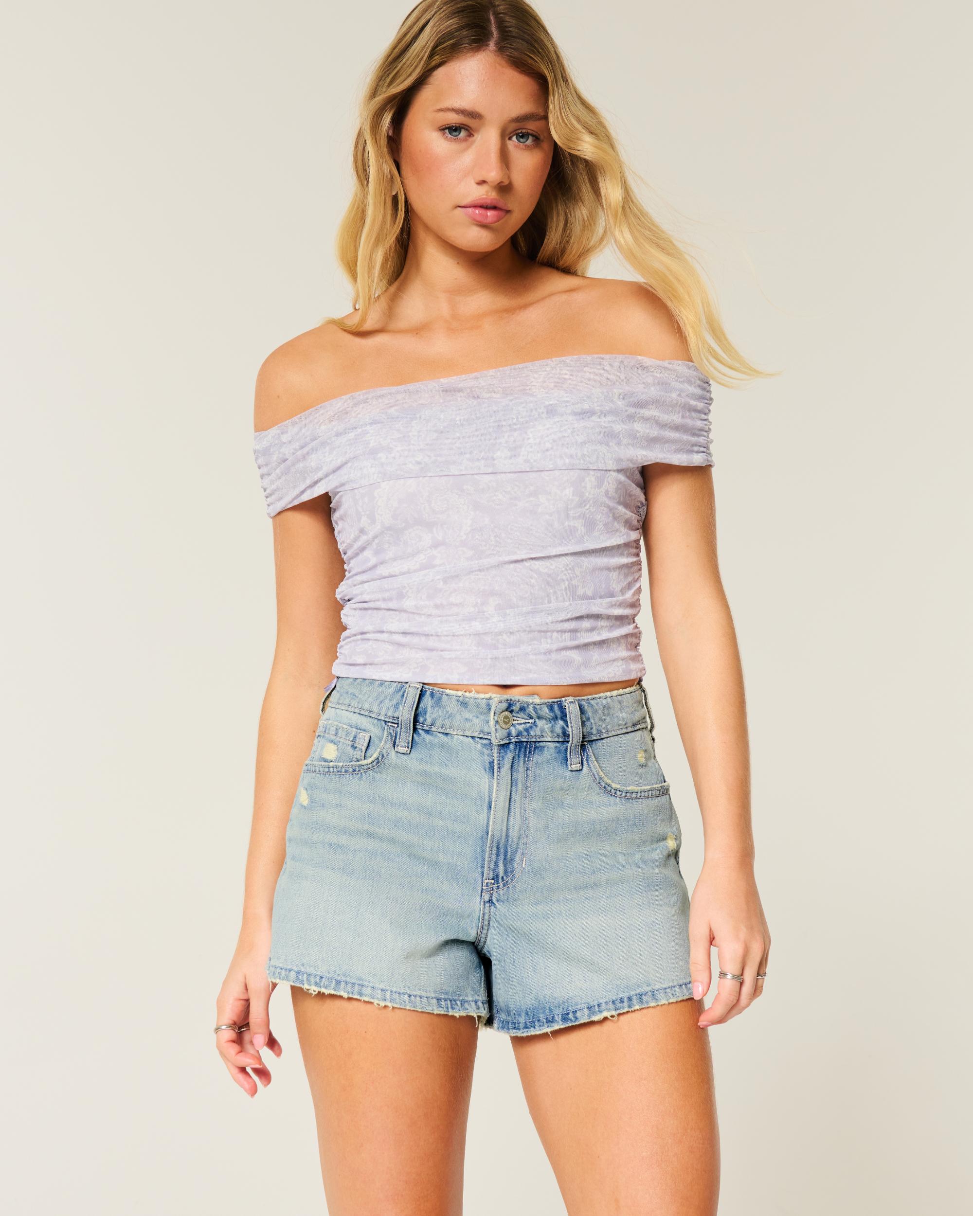 High-Rise Ripped Light Wash A-Line Denim Shorts Product Image