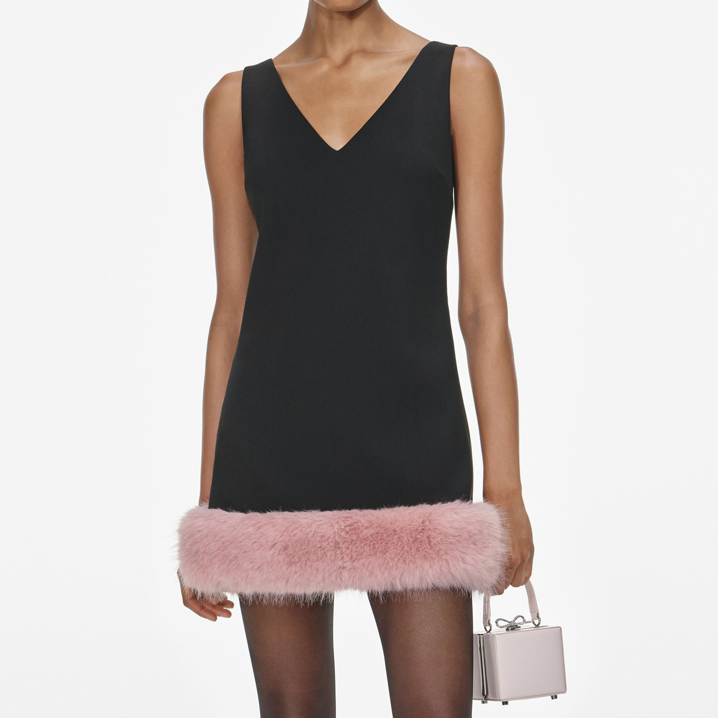 Black Crepe Fur Hem Mini Dress Product Image