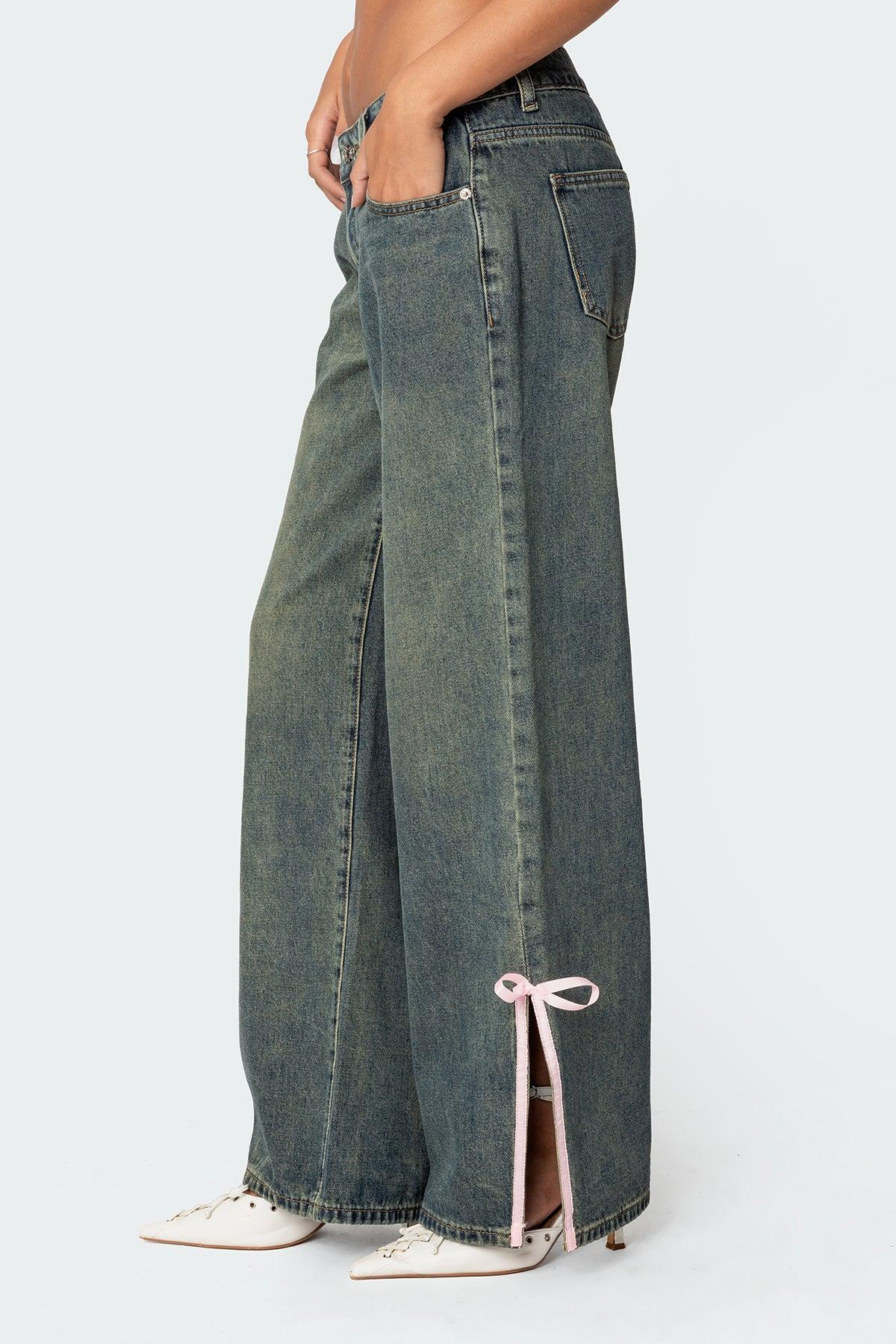 Bow Slitted Vintage Washed Low Rise Baggy Jeans Product Image