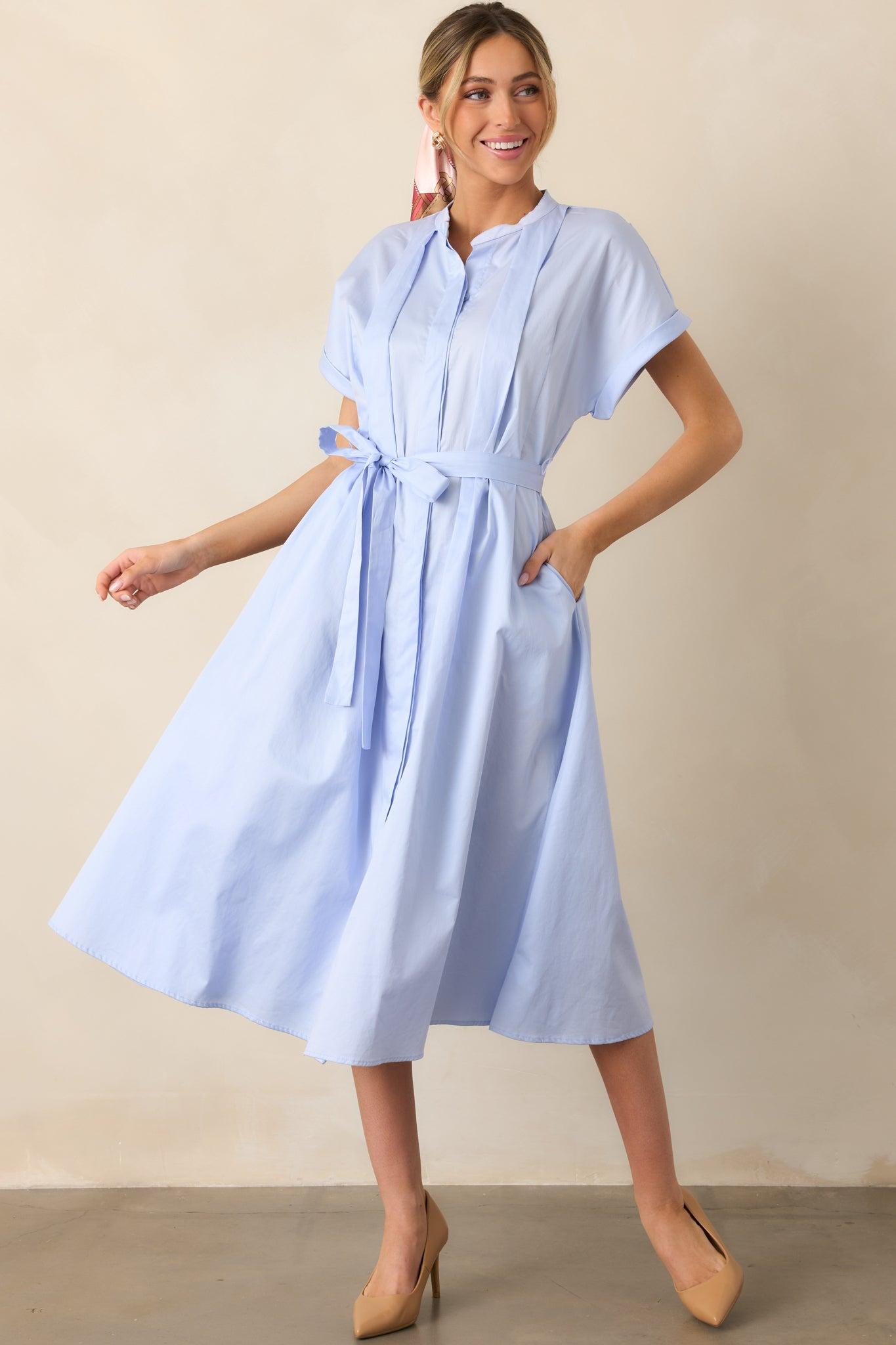 Late Nights Sky Blue Cotton Button Front Midi Dress Product Image
