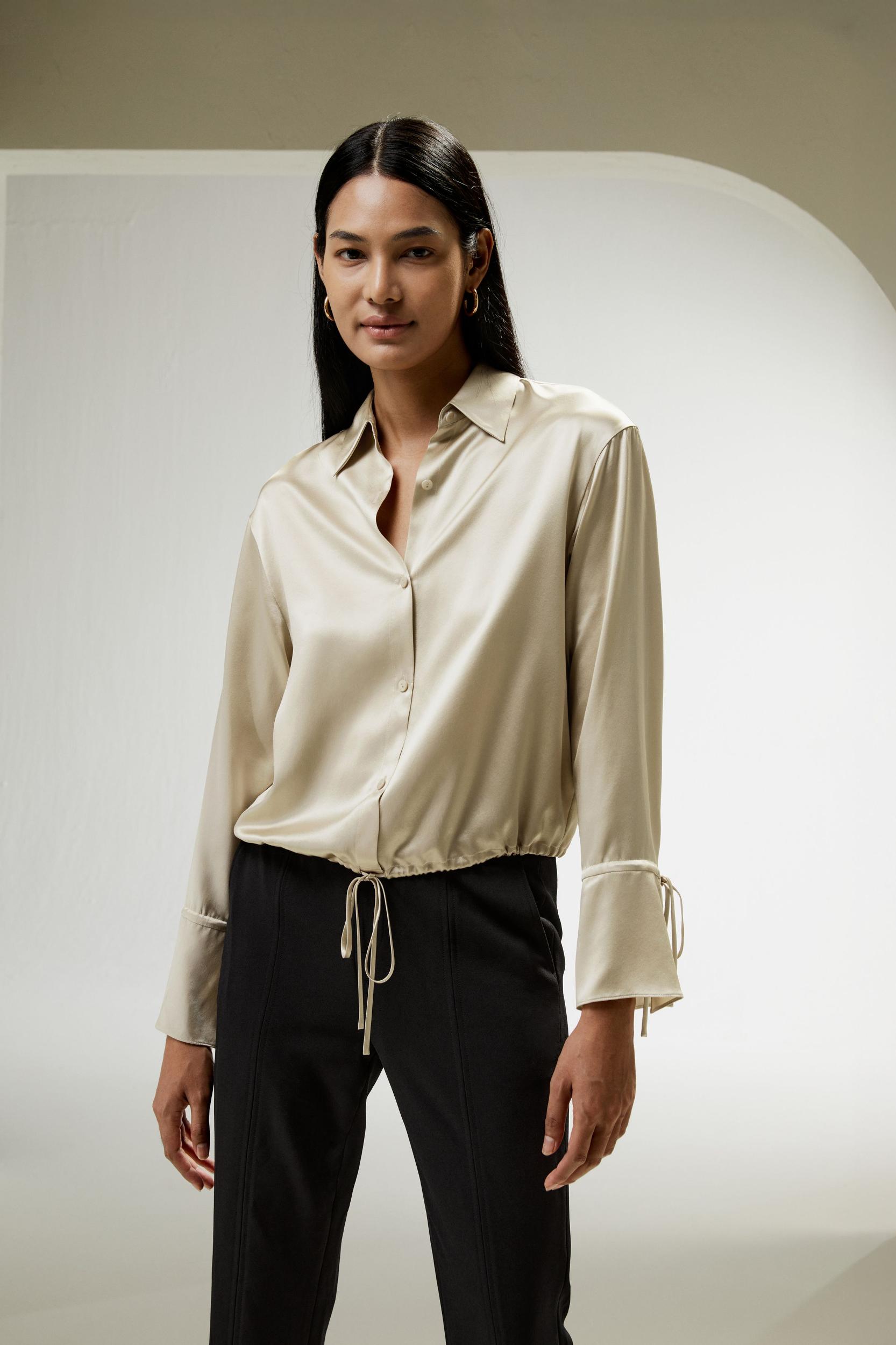 LILYSILK Womens Button Up Shirt Silk - Taupe Natural Silk - Fashionable Drawstring Shirt XL Product Image