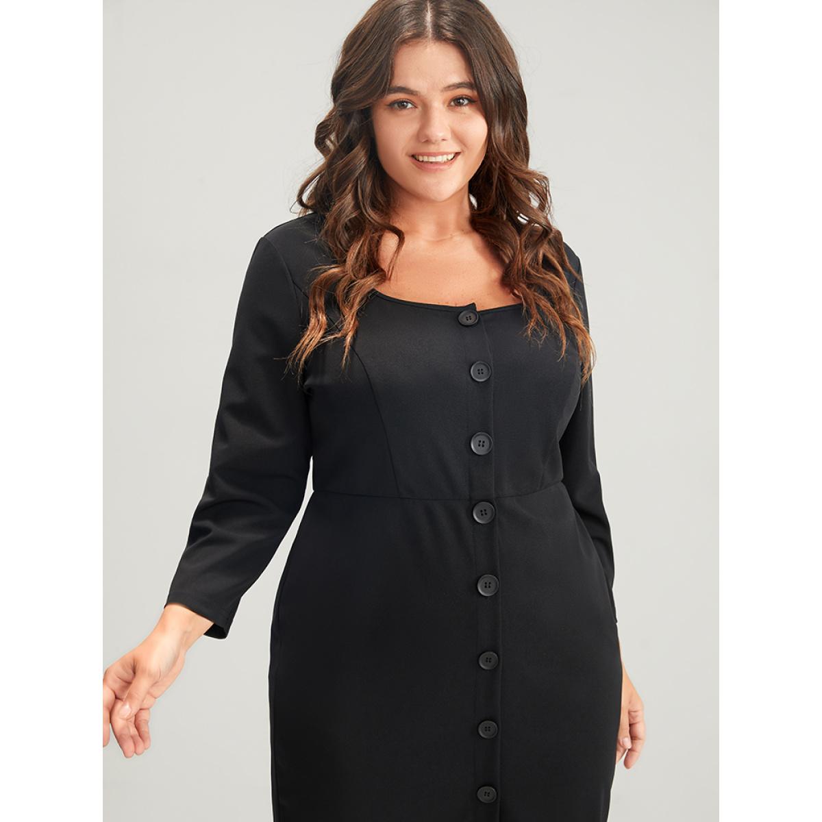 Plus Size Solid Square Neck Button Up Bodycon Midi Dress Black Women Office Button Square Neck Elbow-length sleeve Curvy Midi Dress BloomChic 28/5X Product Image
