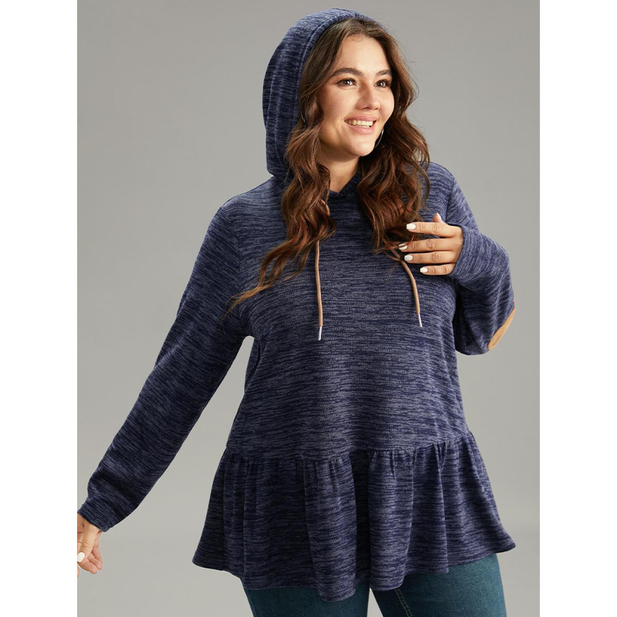 Plus Size Solid Heather Hooded Flutter Hem Gathered Sweatshirt Women DarkBlue Casual Contrast Hooded Dailywear Sweatshirts BloomChic 14-16/1X Product Image