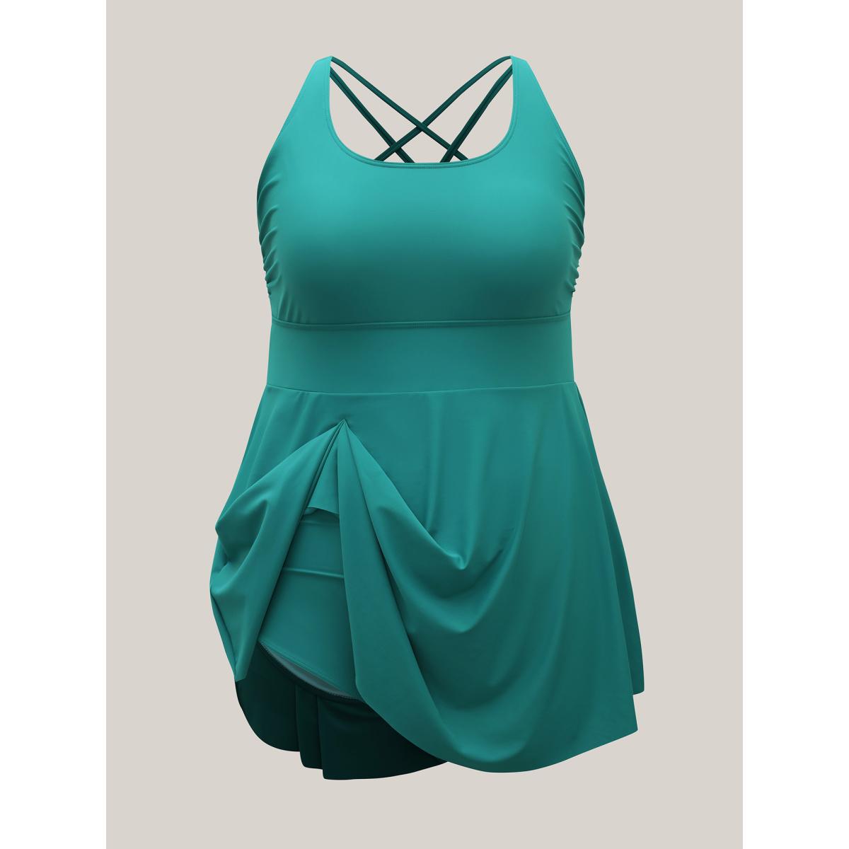 Plus Size Anti-Float Ties Crossstraps Backs Swim Dress Women's Swimwear Teal Beach Bodycon U-neck High stretch Curve Swim Dresses BloomChic 30/6X Product Image