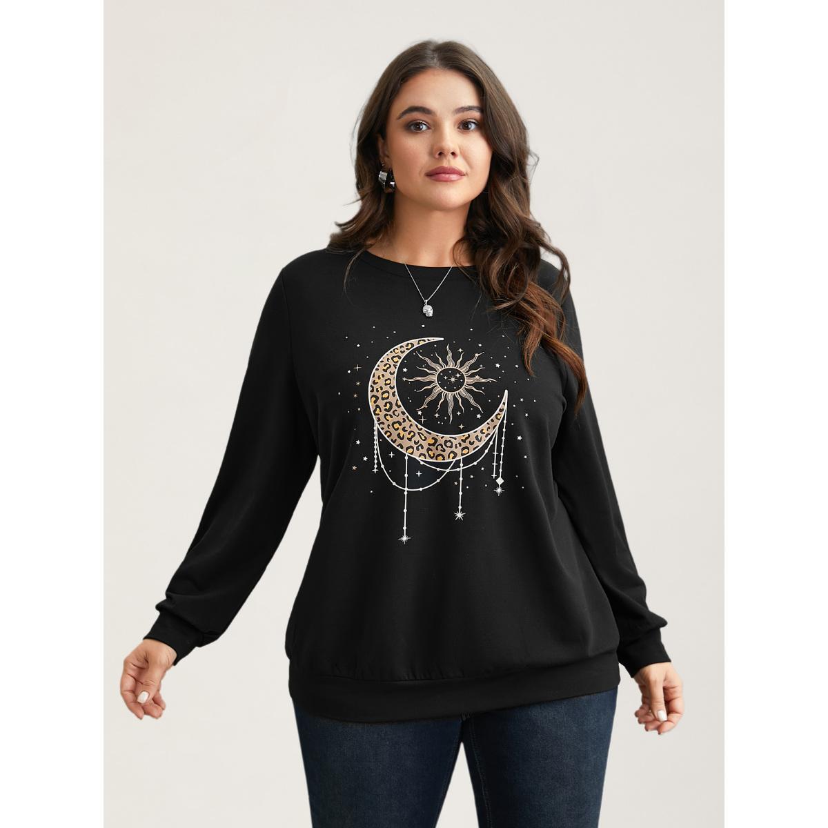 Plus Size Crew Neck Celestial Print Stretch Sweatshirt Women Black Casual Non Round Neck Everyday Sweatshirts BloomChic 10/M Product Image