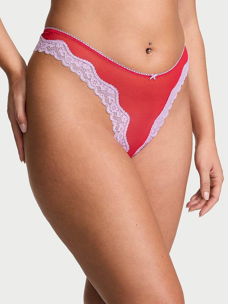 Tease Mesh Lace-Trim High-Leg Thong Panty Product Image