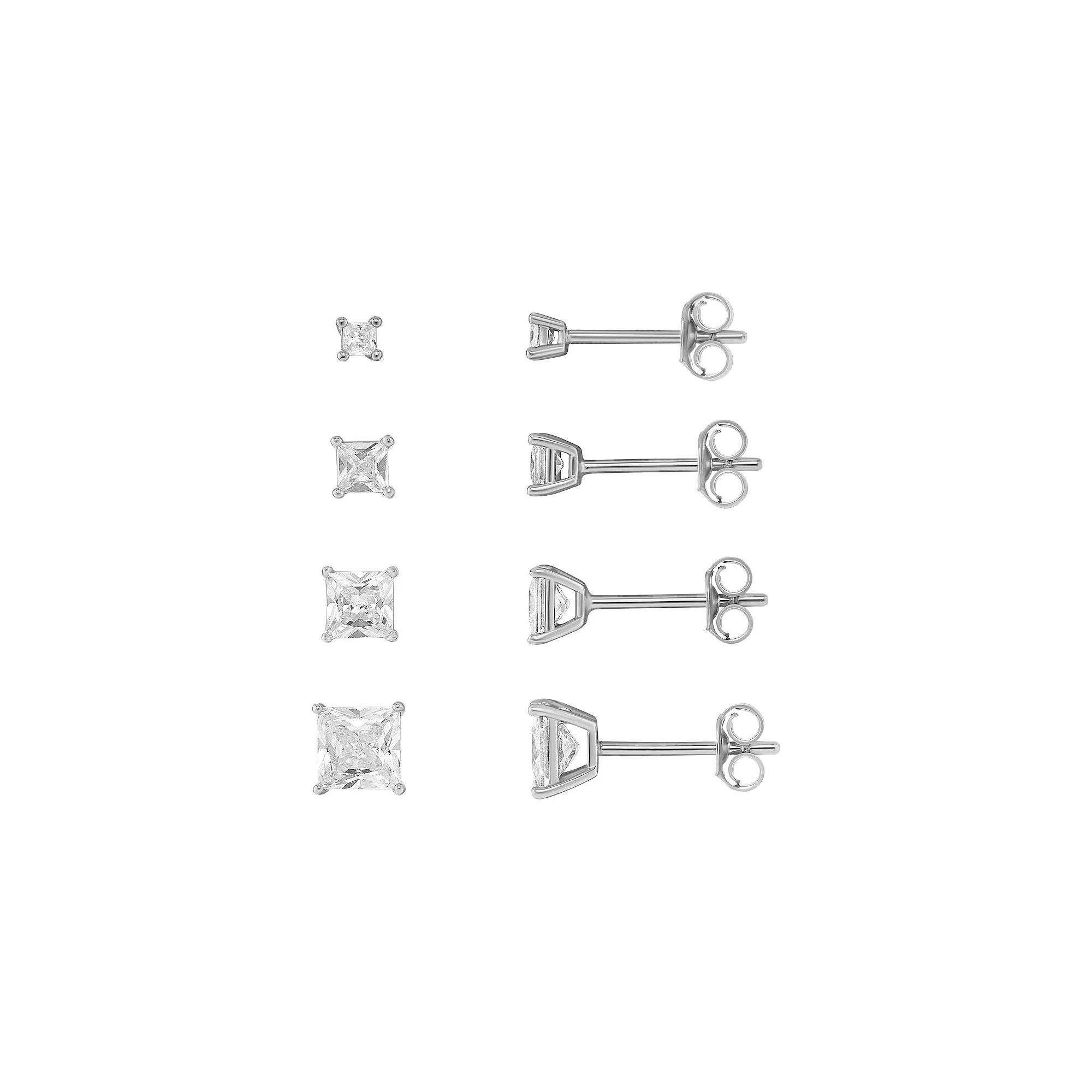 PRIMROSE 4-Pair Cubic Zirconia Square Stud Earring Set, Women's, Silver Tone Product Image