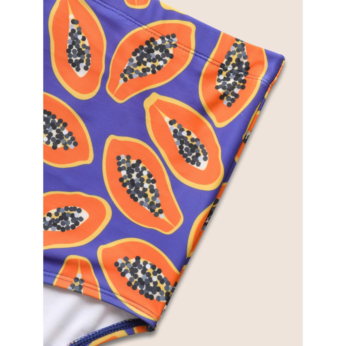 Plus Size Fruit & Vegetable Print Crossover Cami Swim Dress Women's Swimwear Purple Beach Bodycon Heart neckline High stretch Curve Swim Dresses BloomChic 28/5X Product Image