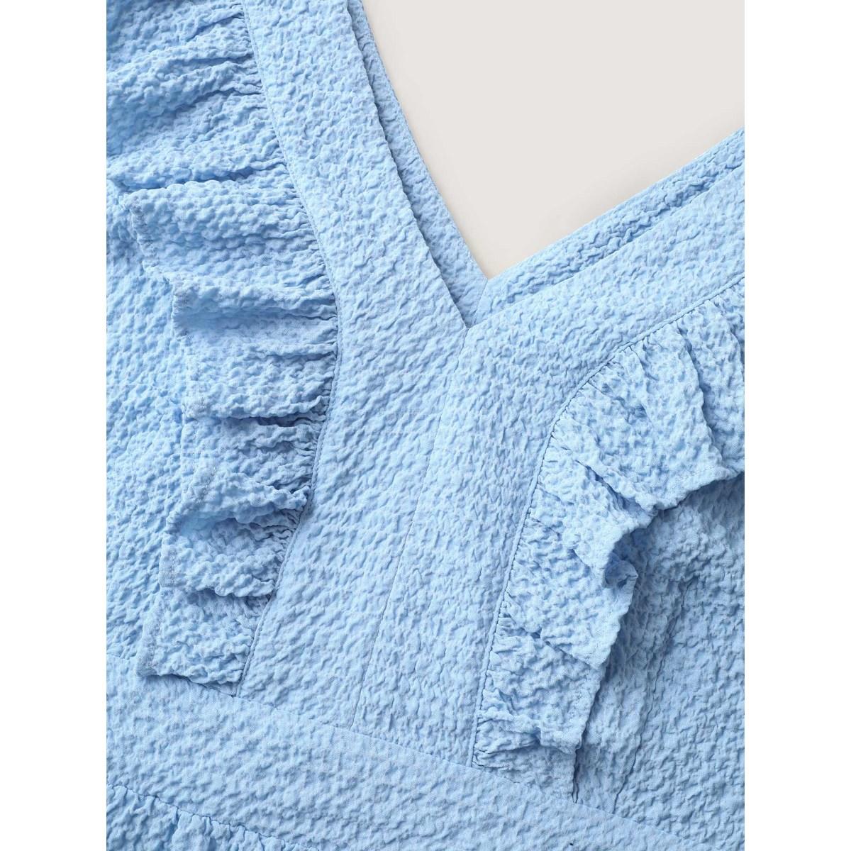 Plus Size Ruffled Neck Textured Sleeveless Midi Dress LightBlue Women V-neck Cap Sleeve Curvy BloomChic 14-16/1X Product Image