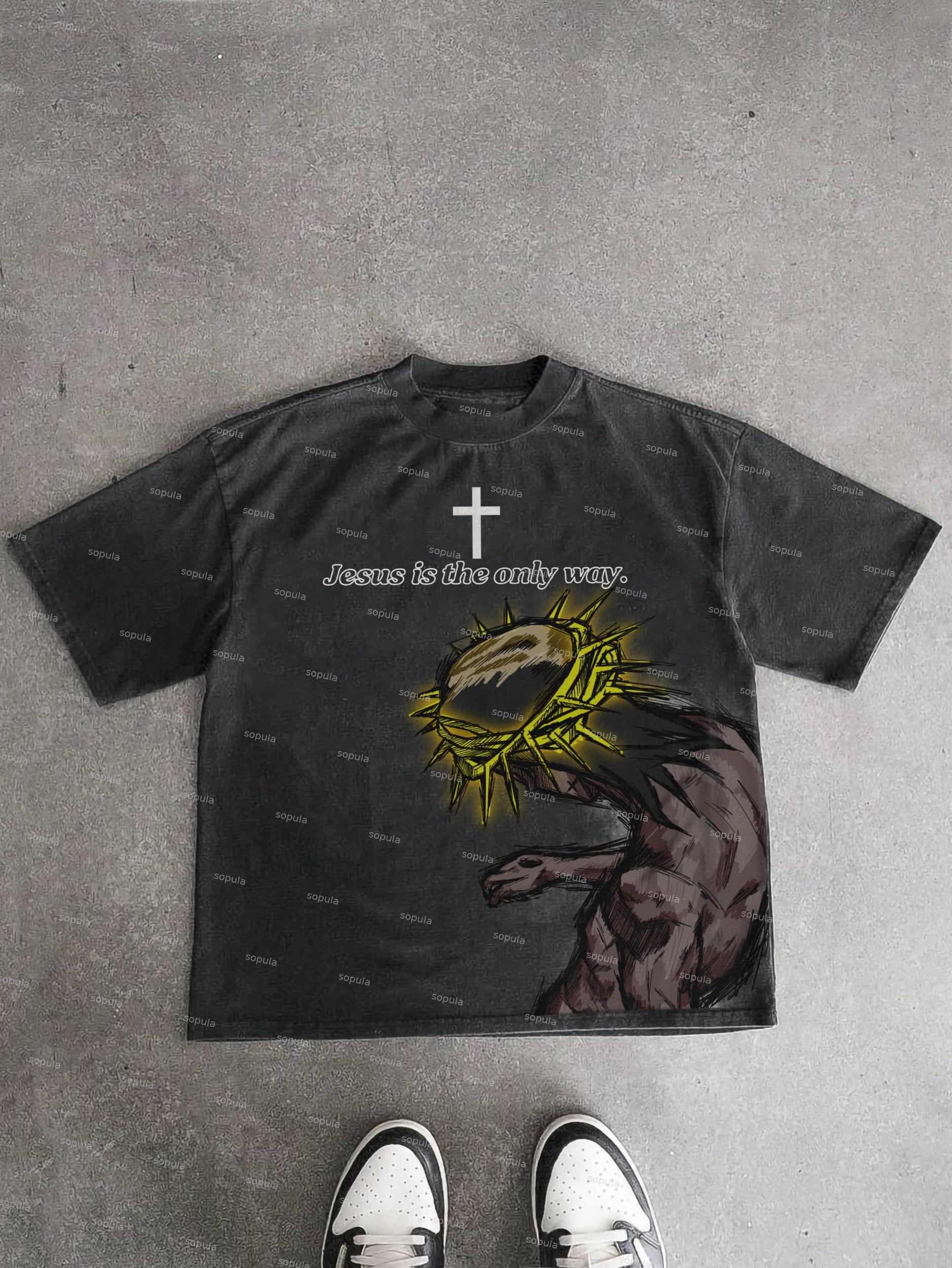 Praying Boy Print Acid Wash T-shirt Product Image