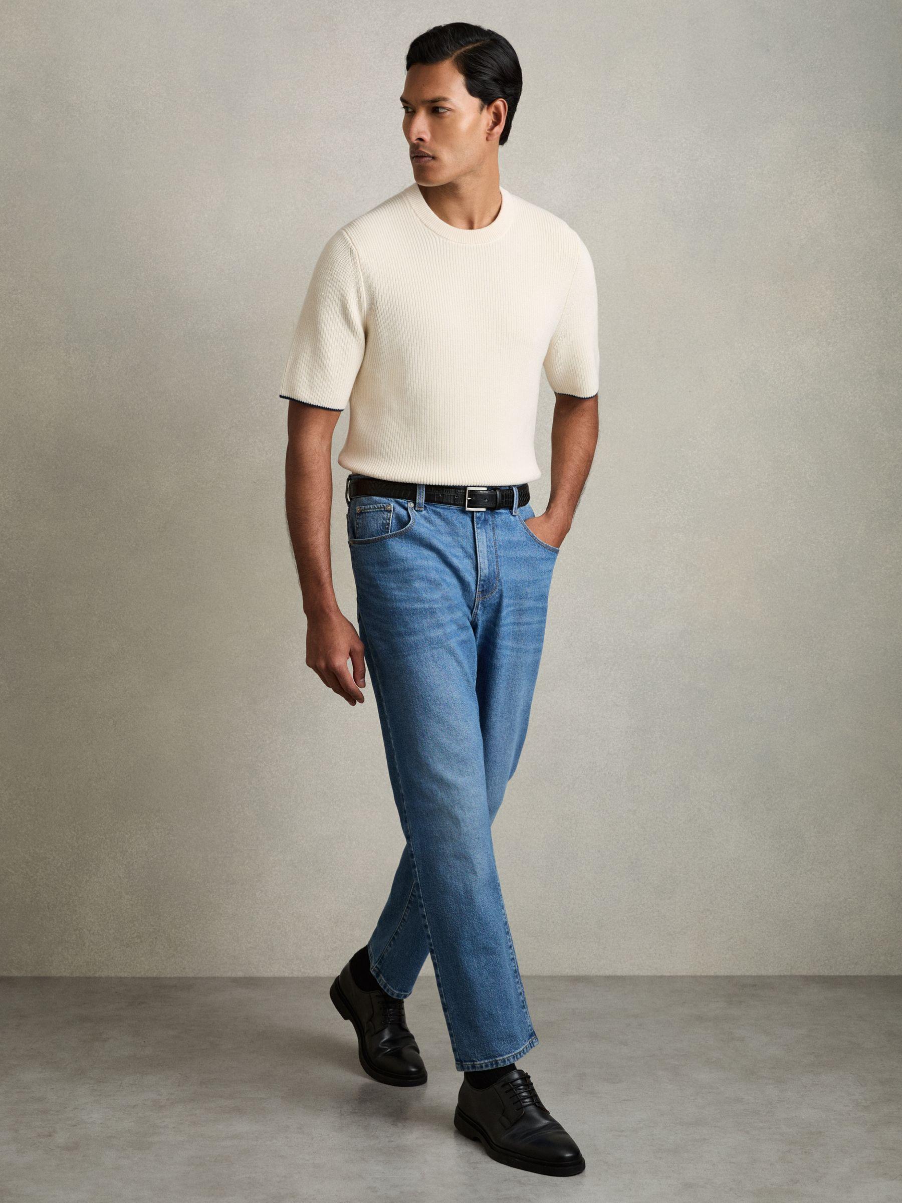 Rib Knit Tipped T-Shirt in Off White/Navy Product Image