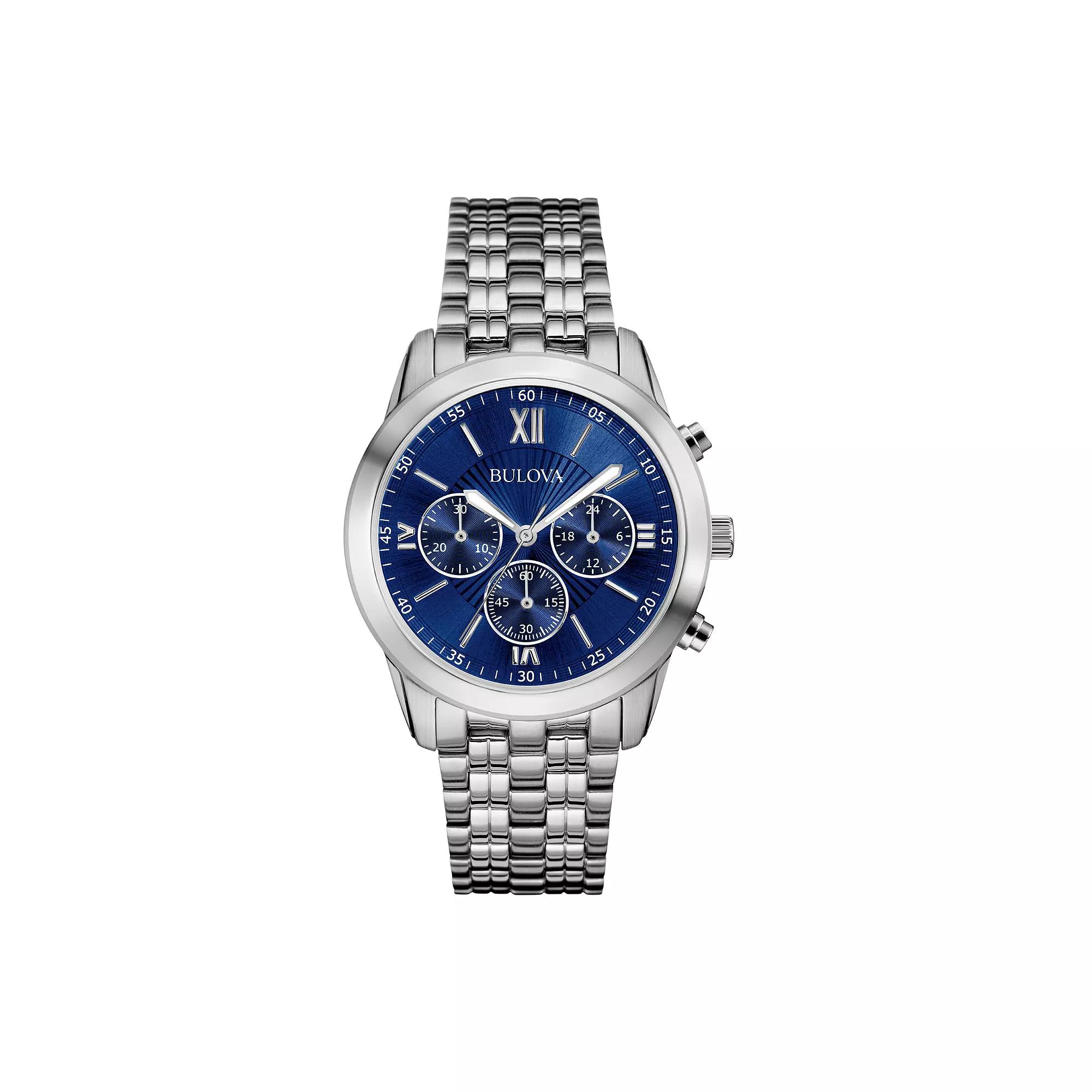 Bulova Men's Classic Stainless Steel Blue Dial Chrononograph Bracelet Watch - 96A174, Size: 40 mm, Gold Silver Product Image