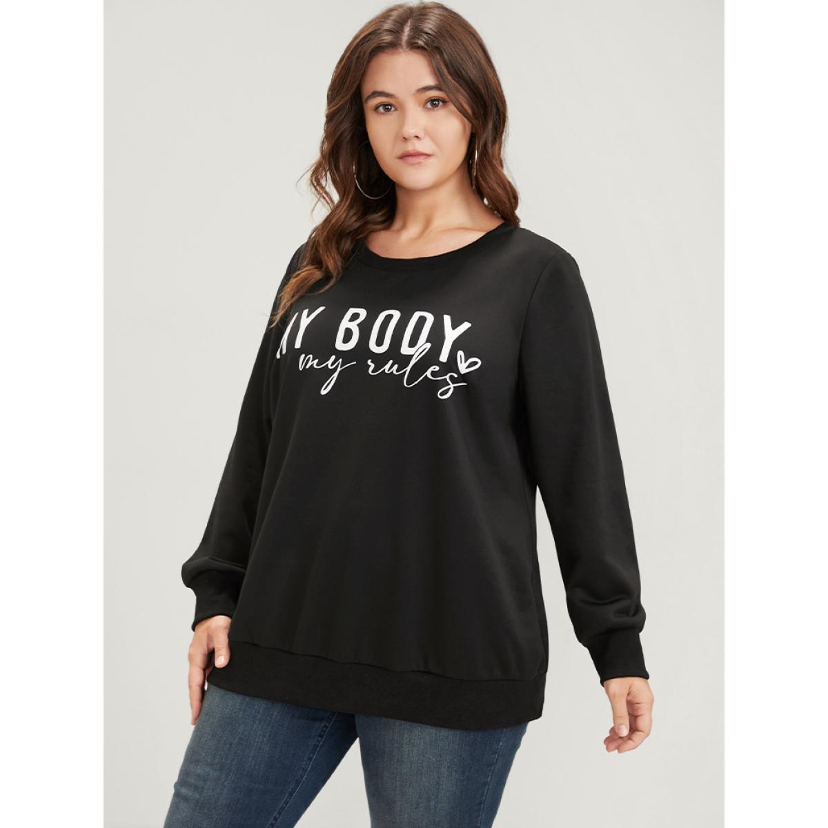 Plus Size Letter Print Drop Shoulder Sweatshirt Women Black Casual Printed Round Neck Dailywear Sweatshirts BloomChic 30/6X Product Image