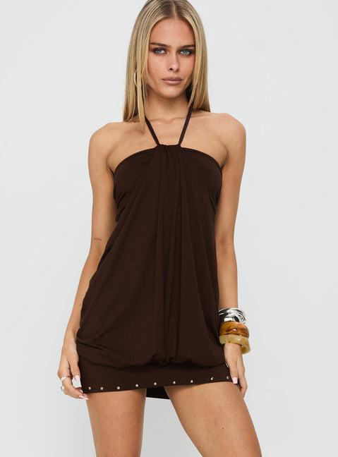 Jordonna Gathered Halter Mini Dress Chocolate Product Image