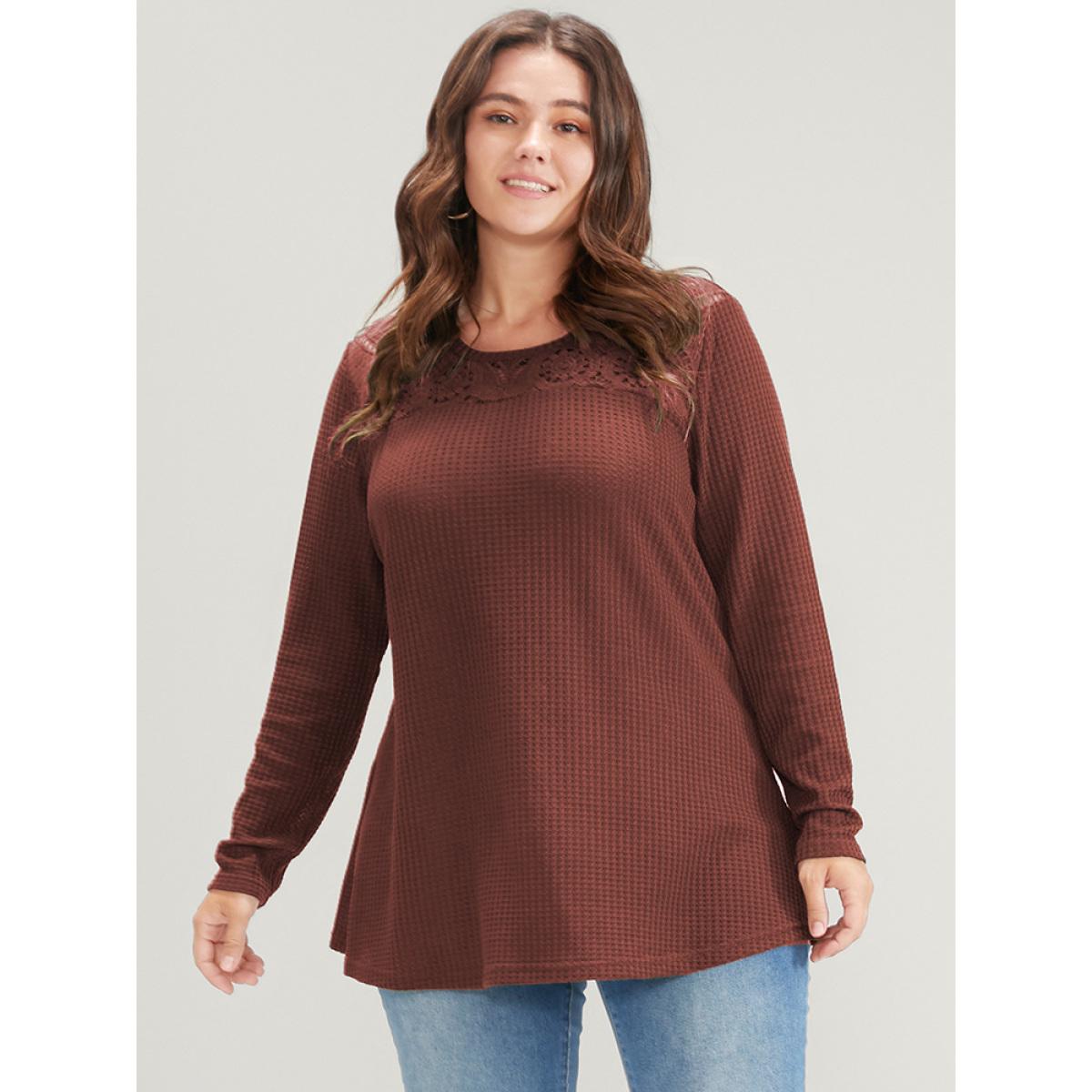 Plus Size Solid Crochet Lace Waffle Knit Sweatshirt Women Rust Elegant Patchwork Round Neck Dailywear Sweatshirts BloomChic 18-20/2X Product Image