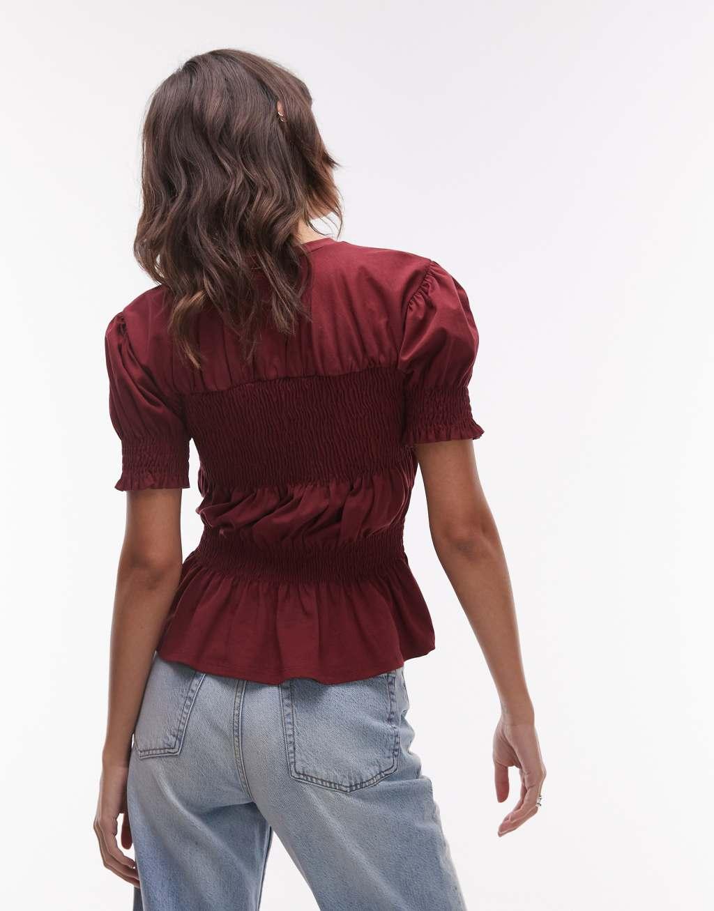 Topshop shirred panel tee in burgundy Product Image