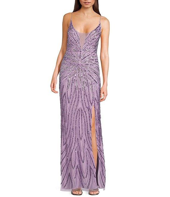 Jump Illusion Beaded Detail V-Neck Spaghetti Strap Side Slit Gown Product Image