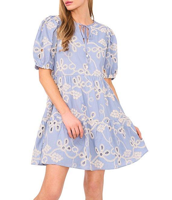 CeCe Woven V-Neck Short Puff Sleeve Floral Embroidered Tiered A-Line Dress Product Image