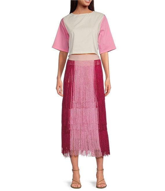 Buru Color Block Elastic-Back Waist Fringe Midi A-Line Skirt Product Image
