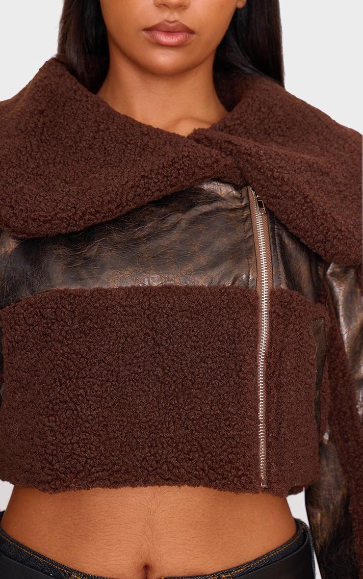Chocolate Borg Trim Textured Look Faux Leather Aviator Jacket Product Image