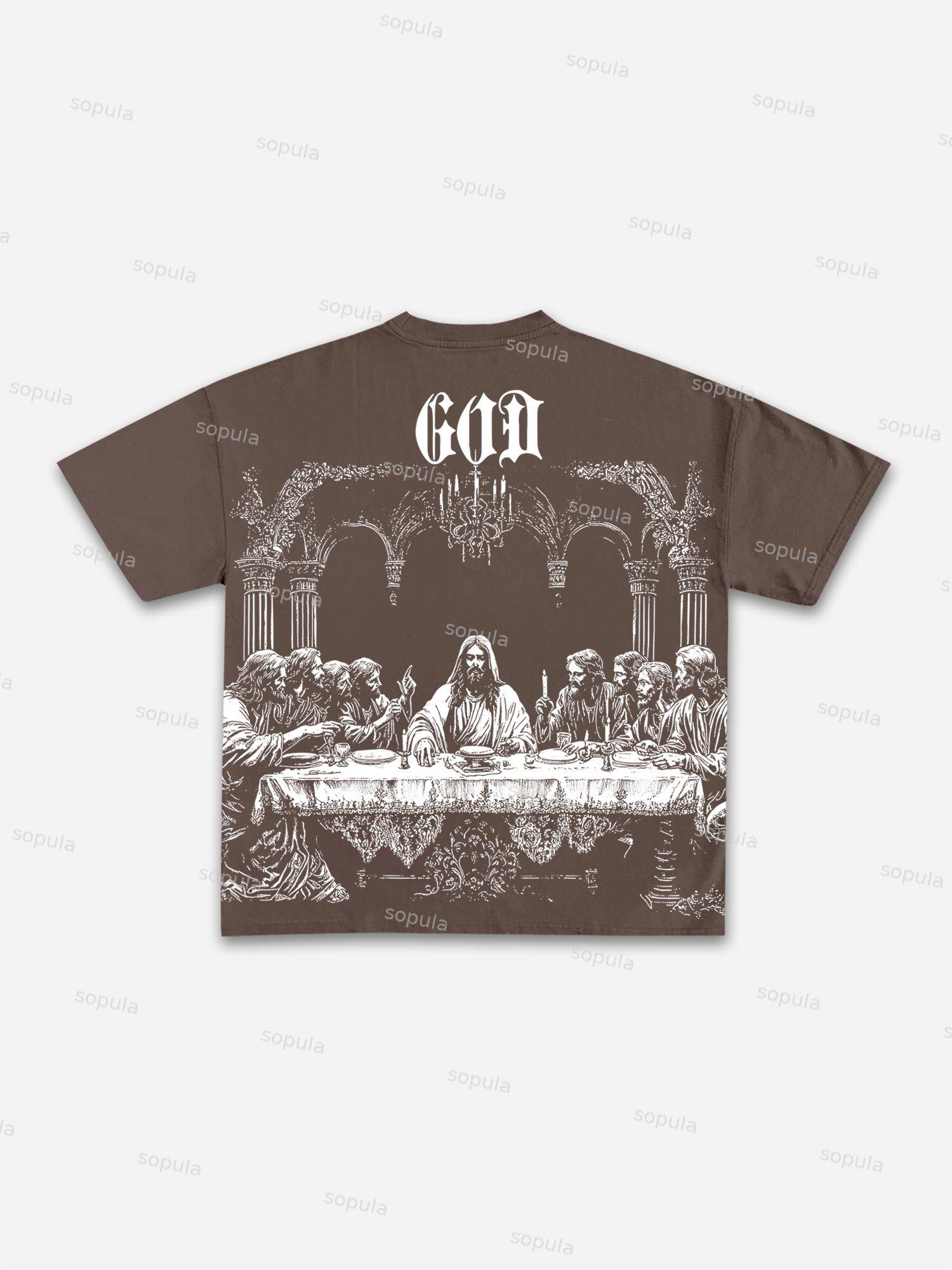 God's Supper Print Cotton T-shirt Product Image