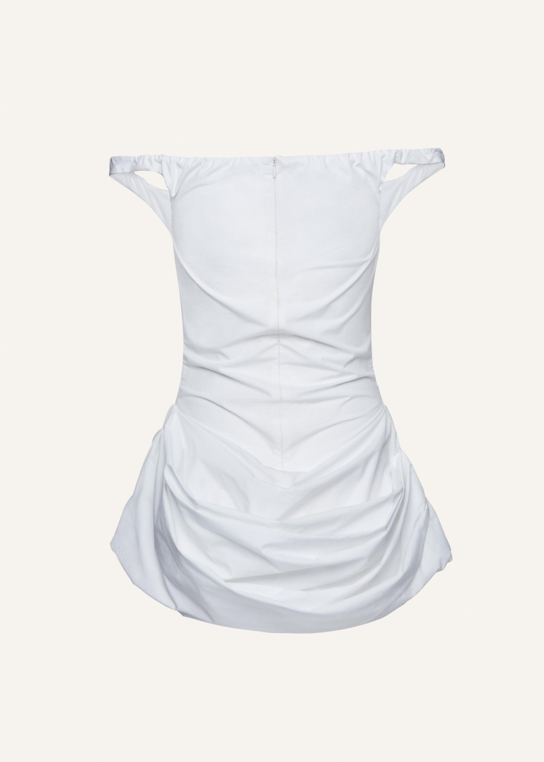 Off shoulder draped cotton mini dress in white Product Image