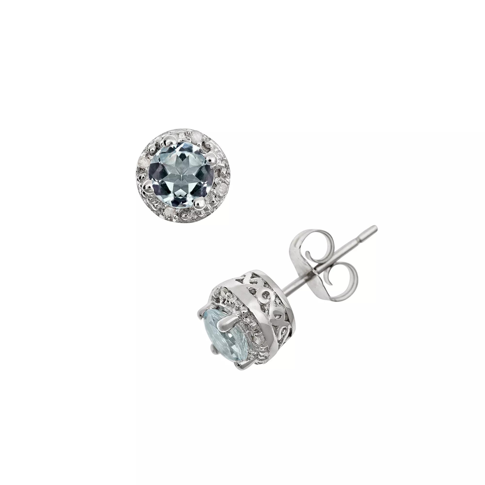 Celebration Gems Sterling Silver Aquamarine and Diamond Accent Frame Stud Earrings, Women's Product Image
