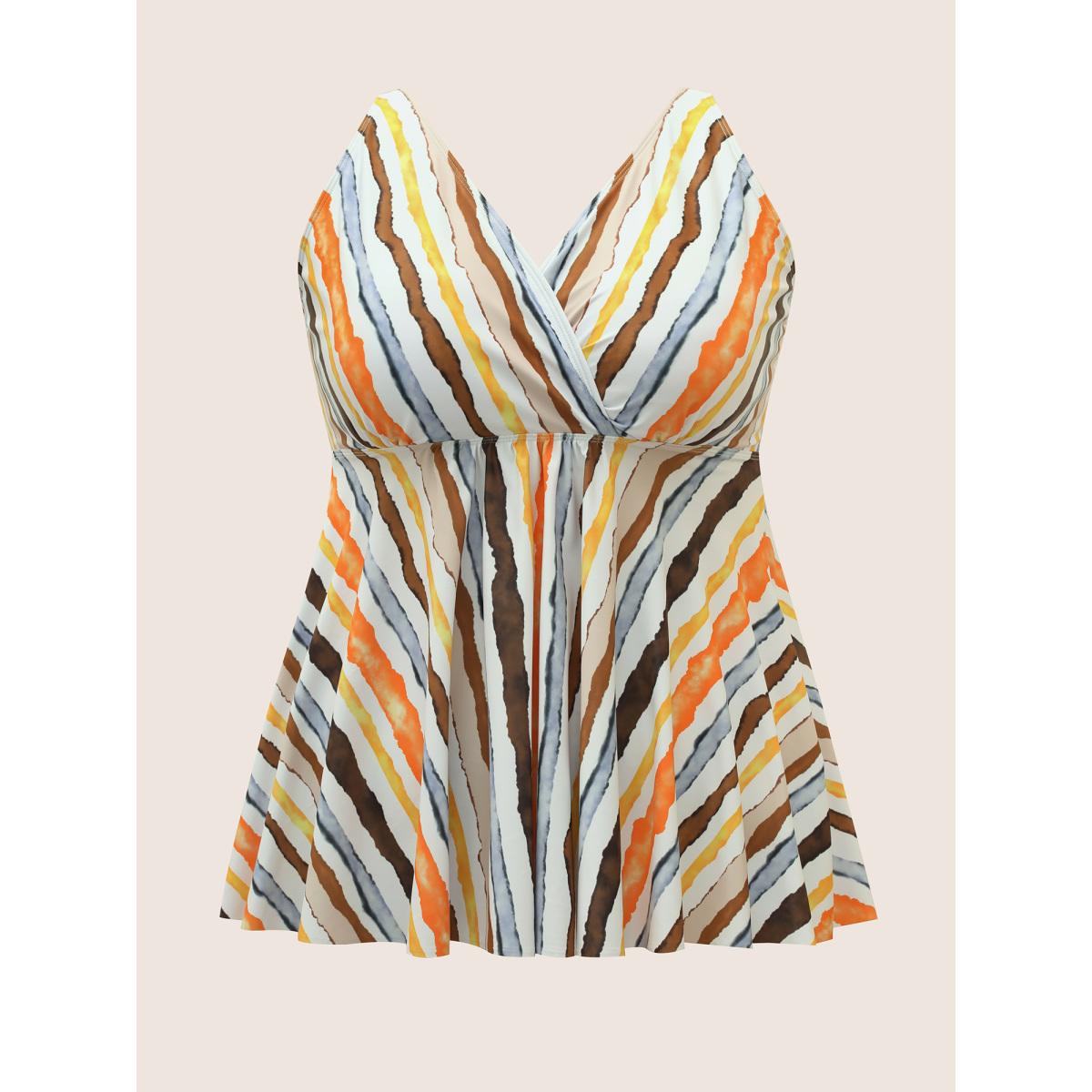 Plus Size Overlap Collar Striped Elastic Waist Swim Top Women's Swimwear Multicolor Beach Contrast High stretch Bodycon Overlap Collar Curve Swim Tops BloomChic 12/L Product Image