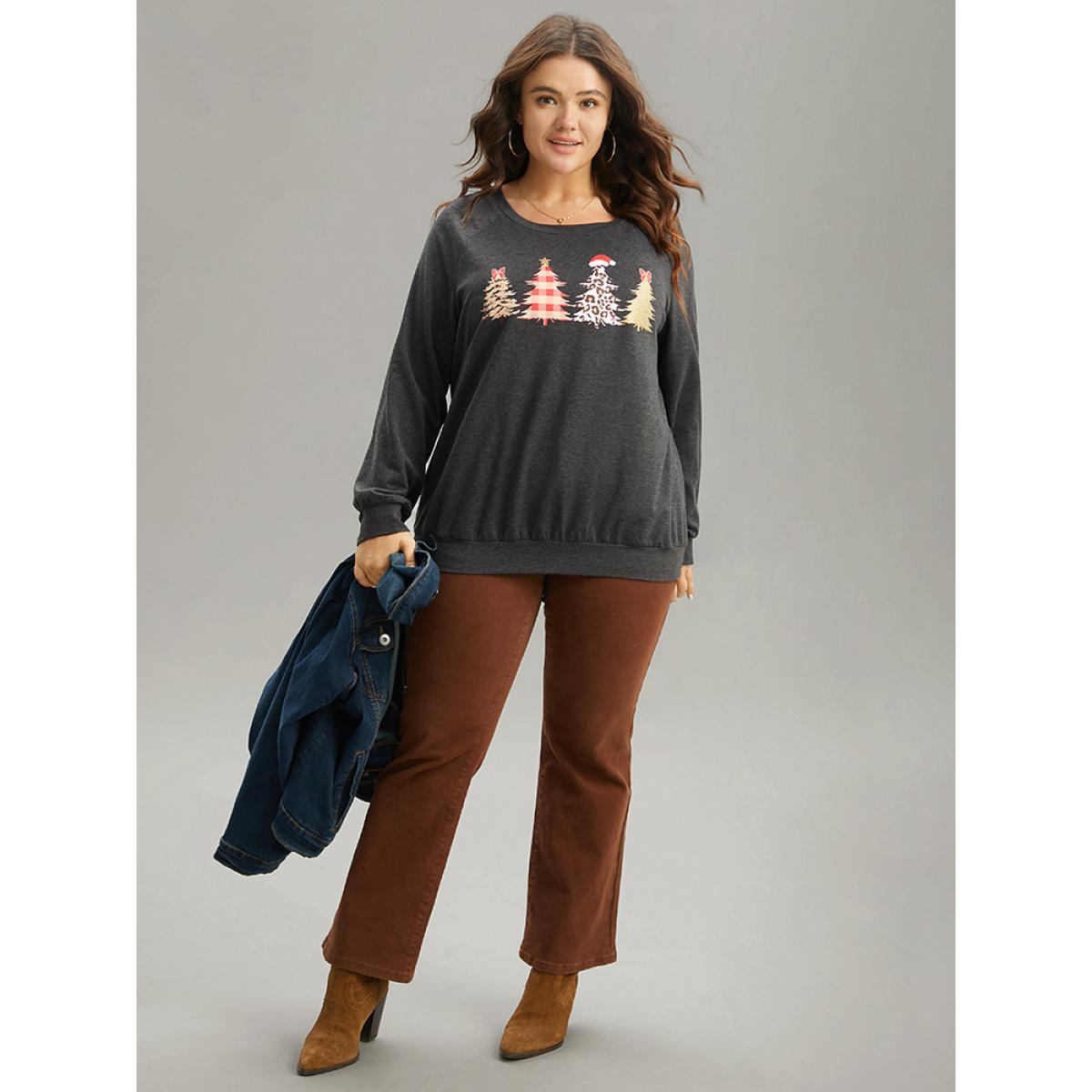 Plus Size Christmas Trees Round Neck Raglan Sleeve Sweatshirt Women DimGray Casual Printed Festival-Christmas Sweatshirts BloomChic 12/L Product Image