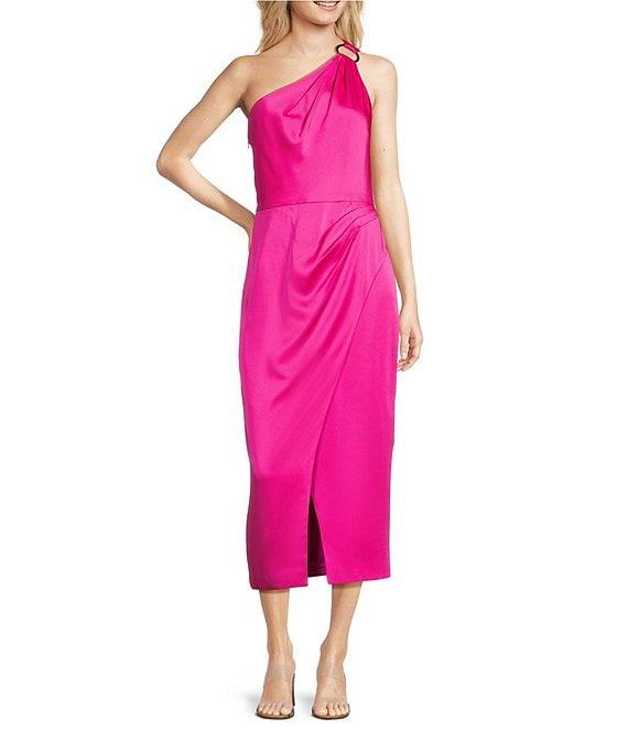 Alex Marie Shirley Satin Asymmetric One Side Sleeveless Sheath Wrap Midi Dress Product Image