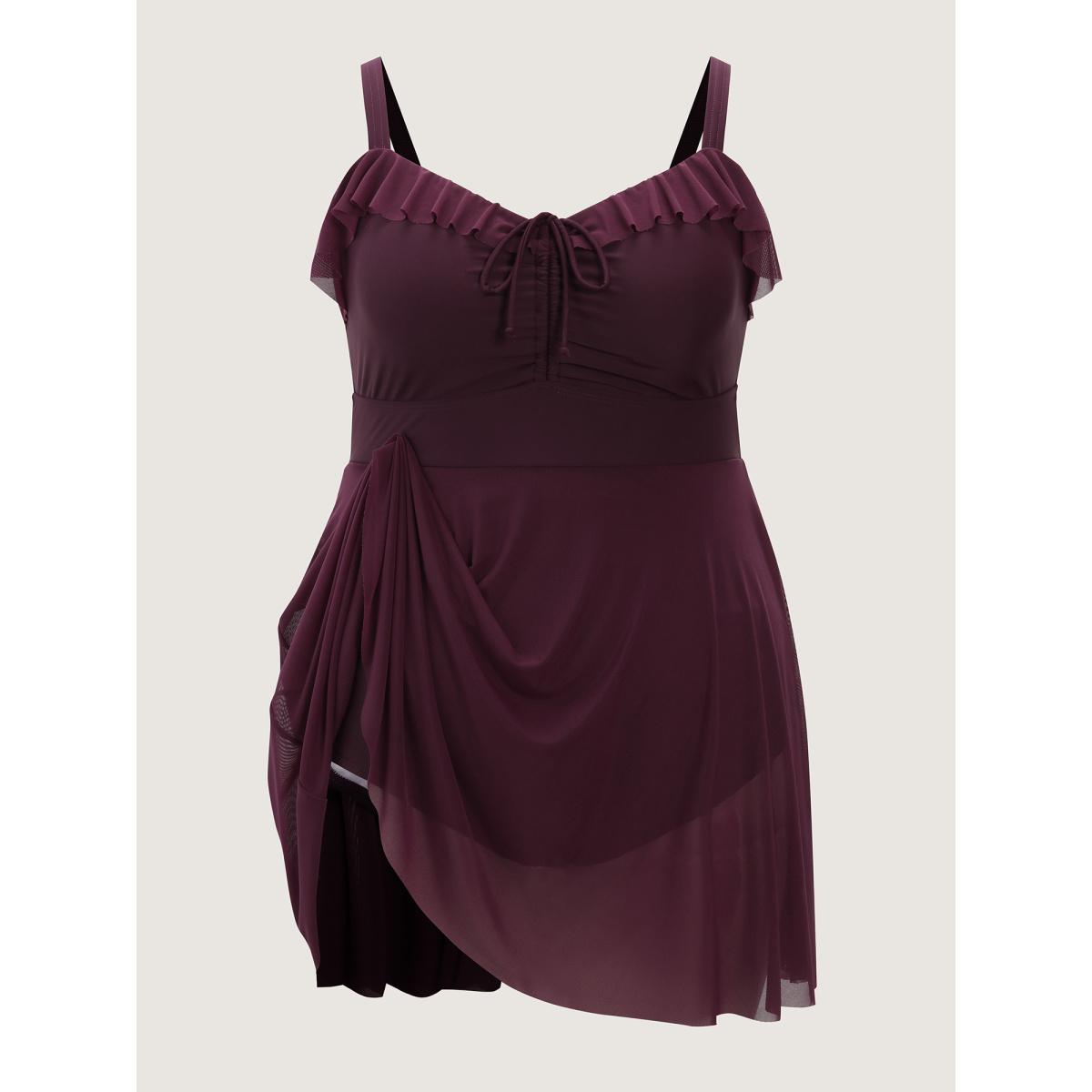 Plus Size Sheer Ruffled Channel Drawstring Swim Dress Women's Swimwear Plum Resort Bodycon Heart neckline High stretch Curve Swim Dresses BloomChic 12/L Product Image