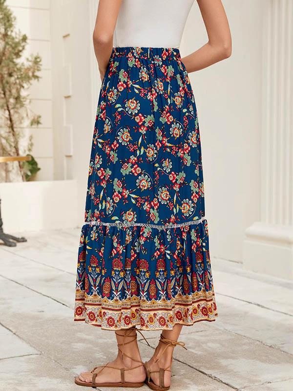 Loose Elasticity Flower Print Pleated Split-Joint Skirts Bottoms Product Image