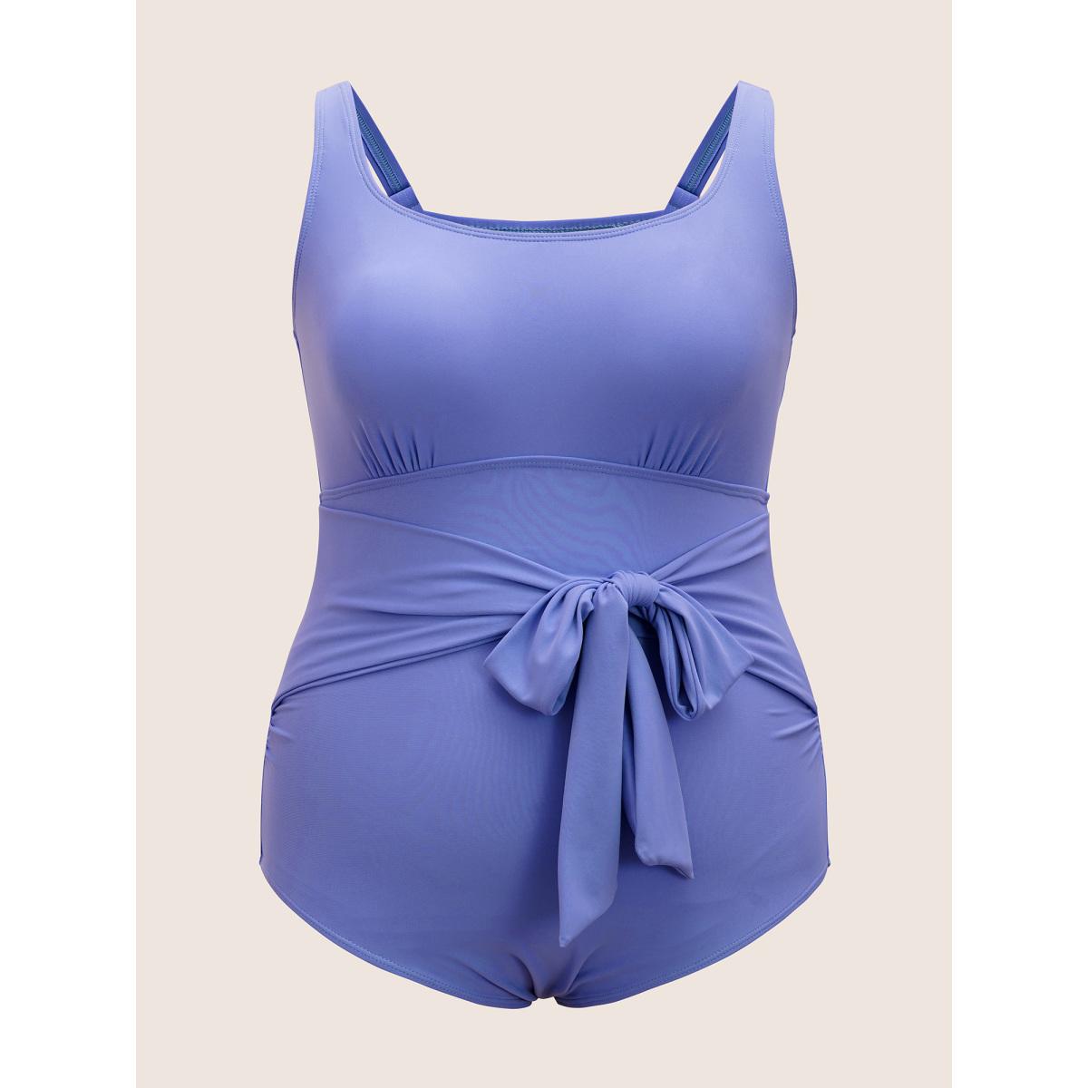 Plus Size Square Neck Tie Knot Gathered One Piece Swimsuit Women's Swimwear Bluepurple Beach Tie knot Curve Bathing Suits High stretch One Pieces BloomChic 10/M Product Image
