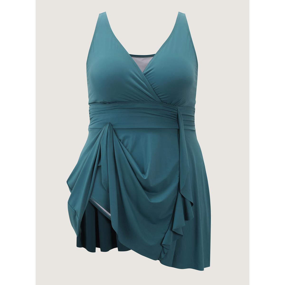 Plus Size Ruffled Hem Cinched Waist Swim Dress Women's Swimwear Teal Resort Bodycon Overlap Collar High stretch Curve Swim Dresses BloomChic 10/M Product Image