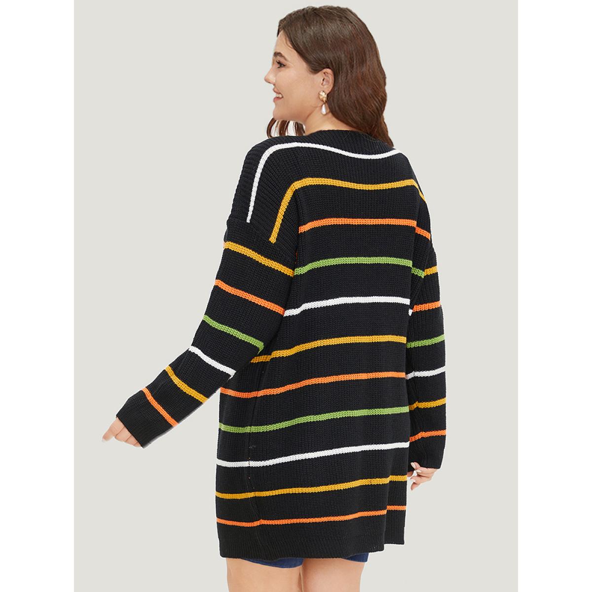 Plus Size Contrast Striped Open Front Loose Cardigan Black Women Casual Loose Long Sleeve Dailywear Cardigans BloomChic 18-20/2X Product Image